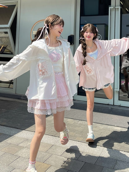 ウサギの耳のデザインフード刺繍アップリケホワイト/ピンクウサギ