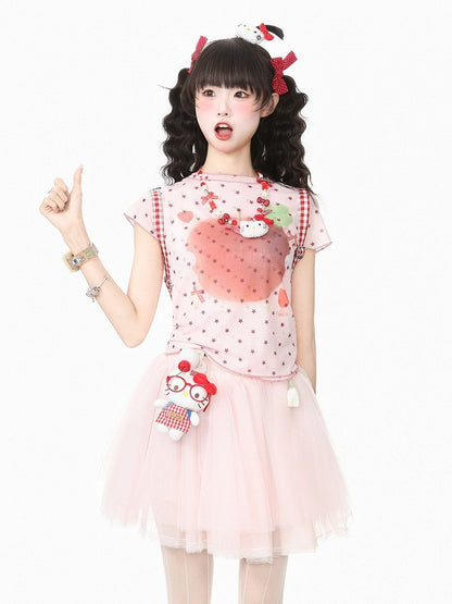 Red Double Layer Mesh Tee with Star Apple Print - Languid Park
