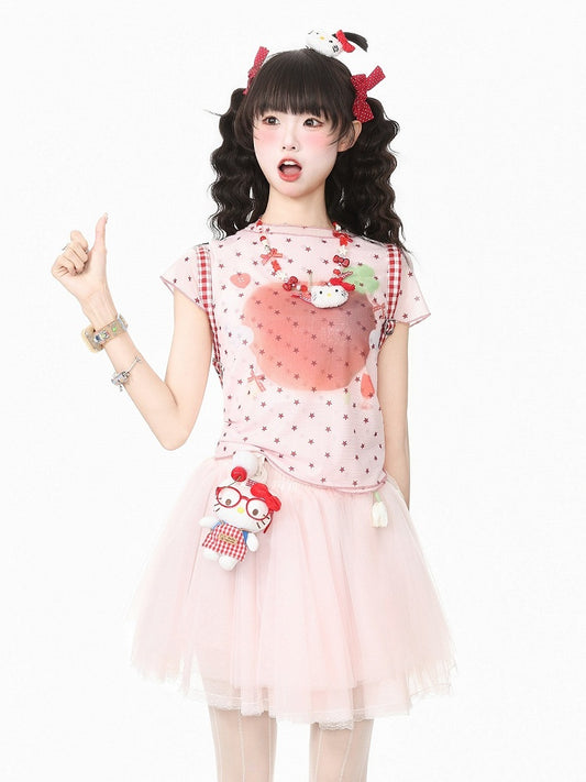 Red Double Layer Mesh Tee with Star Apple Print - Languid Park