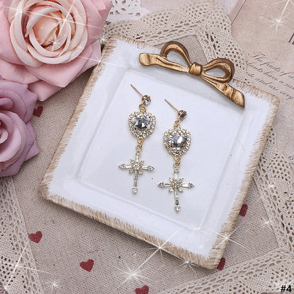 Earrings Jirai Options 4 Kei Heart Color Rhinestone Cross
