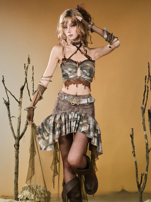 Brown Snakeskin Pattern Lace Trim Halter Neck Punk Top - Virtual Orbit