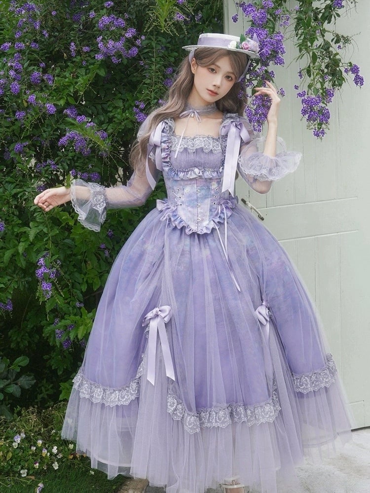 Neckline Purple Square Painting Skirt Set OP Full Elegant Oil Classic Lolita Print