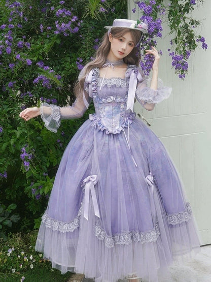 Neckline Purple Square Painting Skirt Set OP Full Elegant Oil Classic Lolita Print