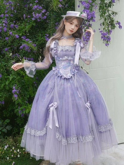 Purple Oil Painting Print Square Neck Lolita OP Dress - With PUJI