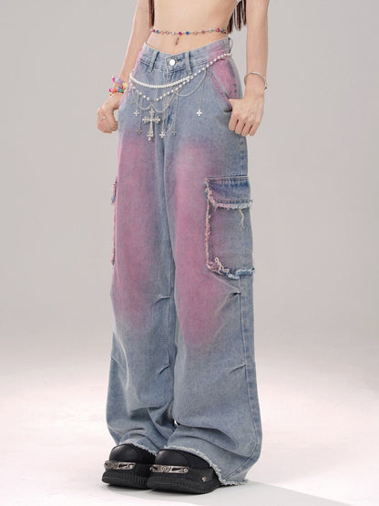 Blaue Cargo-Jeans mit ungesäumtem Saum