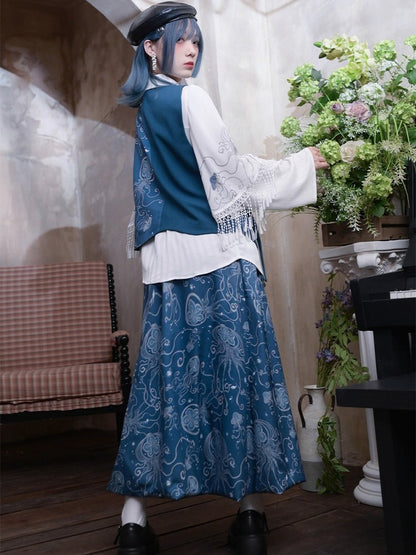 Blue Asymmetric Vest with Jellyfish Print & Embroidered Details - Quirky Hut