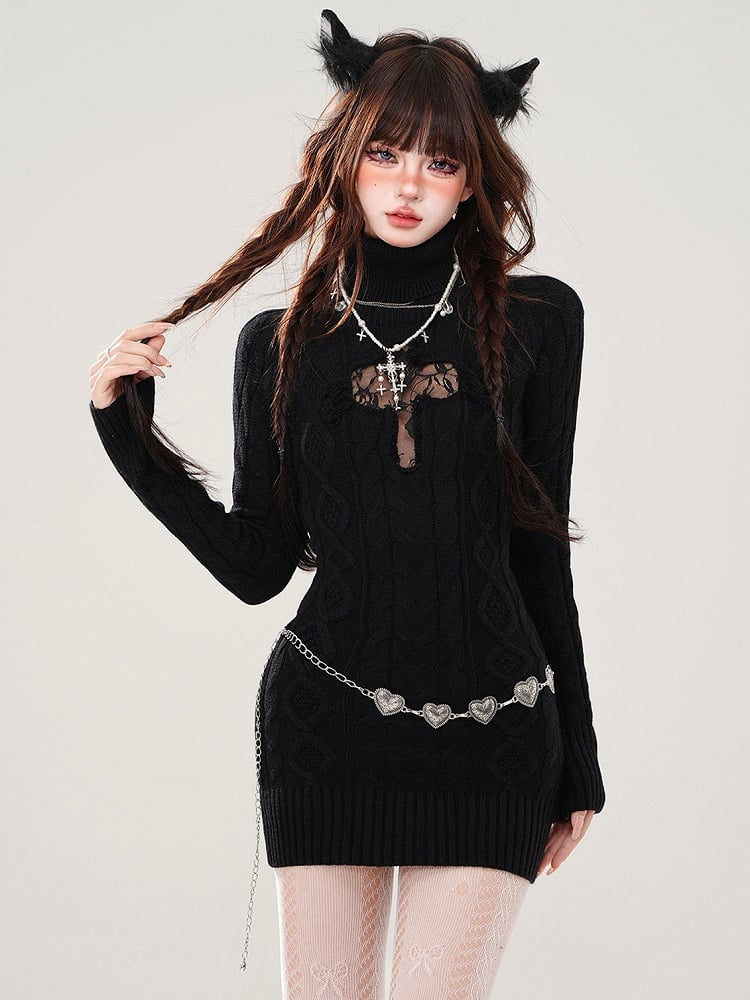 Black/Grey Cross Cutout Detail Turtle Neck Slim-fit Knit Dress