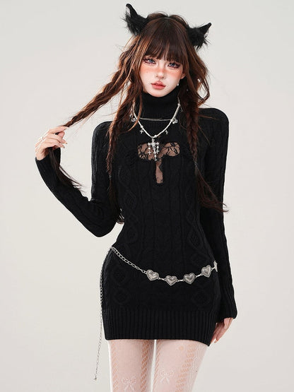 Black/Grey Cross Cutout Detail Turtle Neck Slim-fit Knit Dress