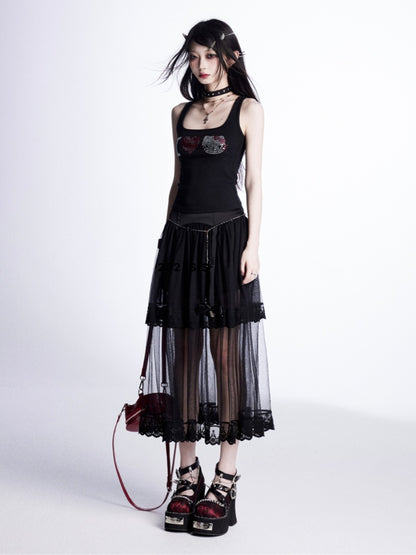 Tiered Mesh Skirt Trim Black Lace