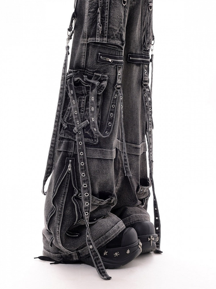 Dark Kawaii Washed Gray Multi-Pocket Cargo Wide Leg Jeans - KNOW8 Online Shop