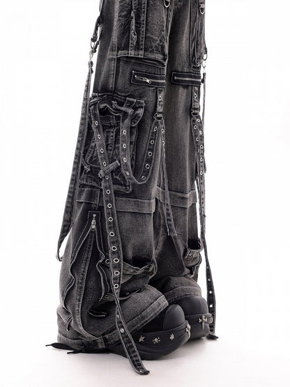 Dark Kawaii Washed Gray Multi-Pocket Cargo Wide Leg Jeans - KNOW8 Online Shop