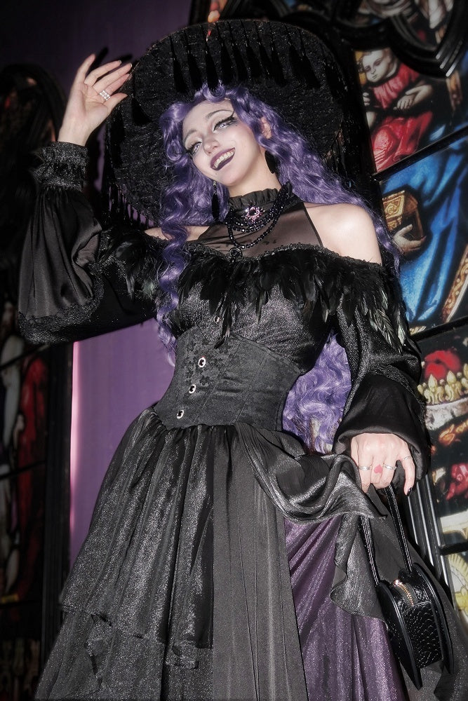 Black Open Shoulder Gothic Shirt with Illusion Halter Neck and Detachable Feather