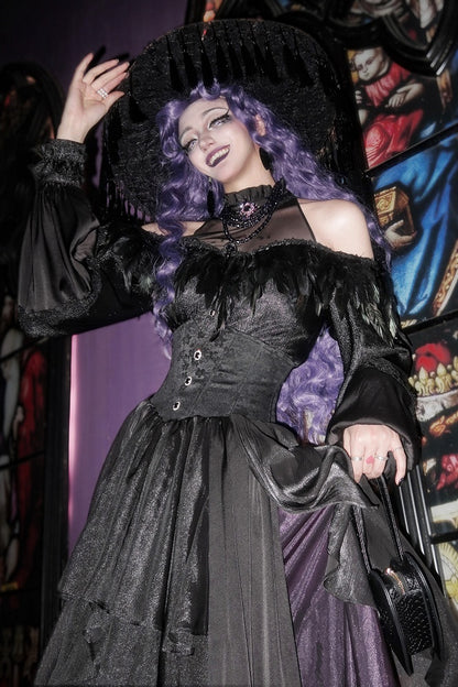 Black Open Shoulder Gothic Shirt with Illusion Halter Neck and Detachable Feather