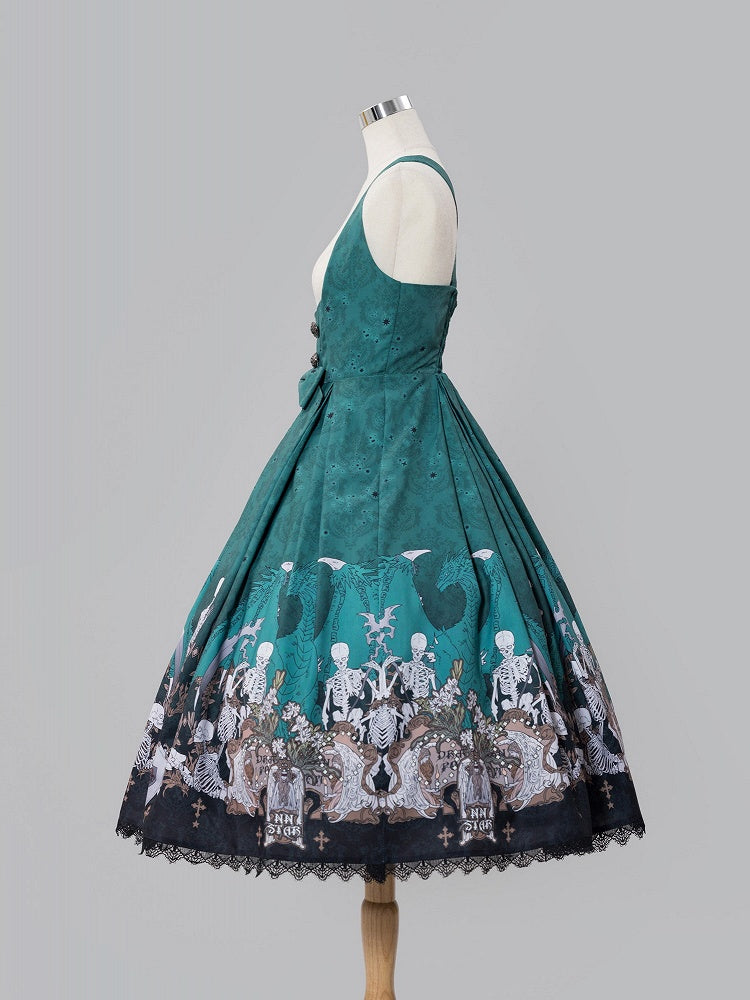 Green Skeleton Cross Gothic Lace Dress - NnSTAR
