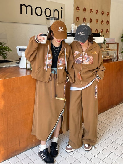 Brown Drawstring Vintage Fashion Slit Skirt Side Millard Waist Prince Print