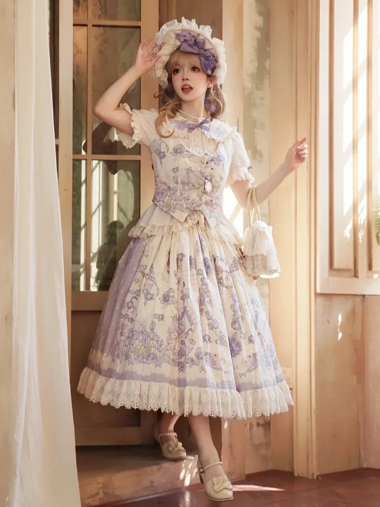 Bonnet Print Floral Classic Lolita Purple