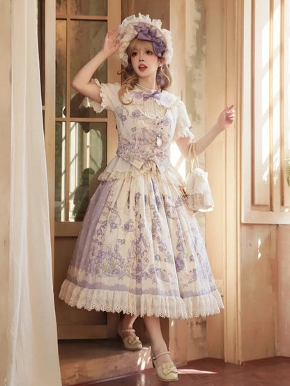 Bonnet Print Floral Classic Lolita Purple