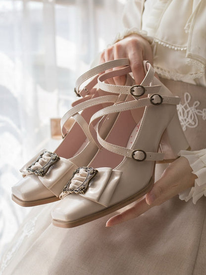 Frame Mid-heel Bow Picture Beige Design Classic Square Lolita at - Top Shoes Toe Vintage
