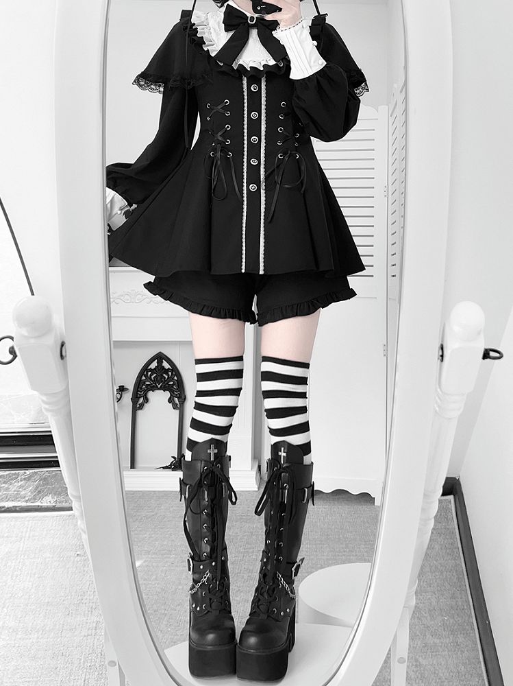Black Dress Jirai Cape Tie Set Lace-Up Bow Matching + Design Long-Sleeve Shorts Kei
