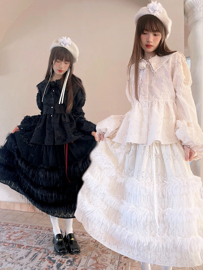 Tea Length Tiered Skirt with Plush Accents and Lace Trim Black/White