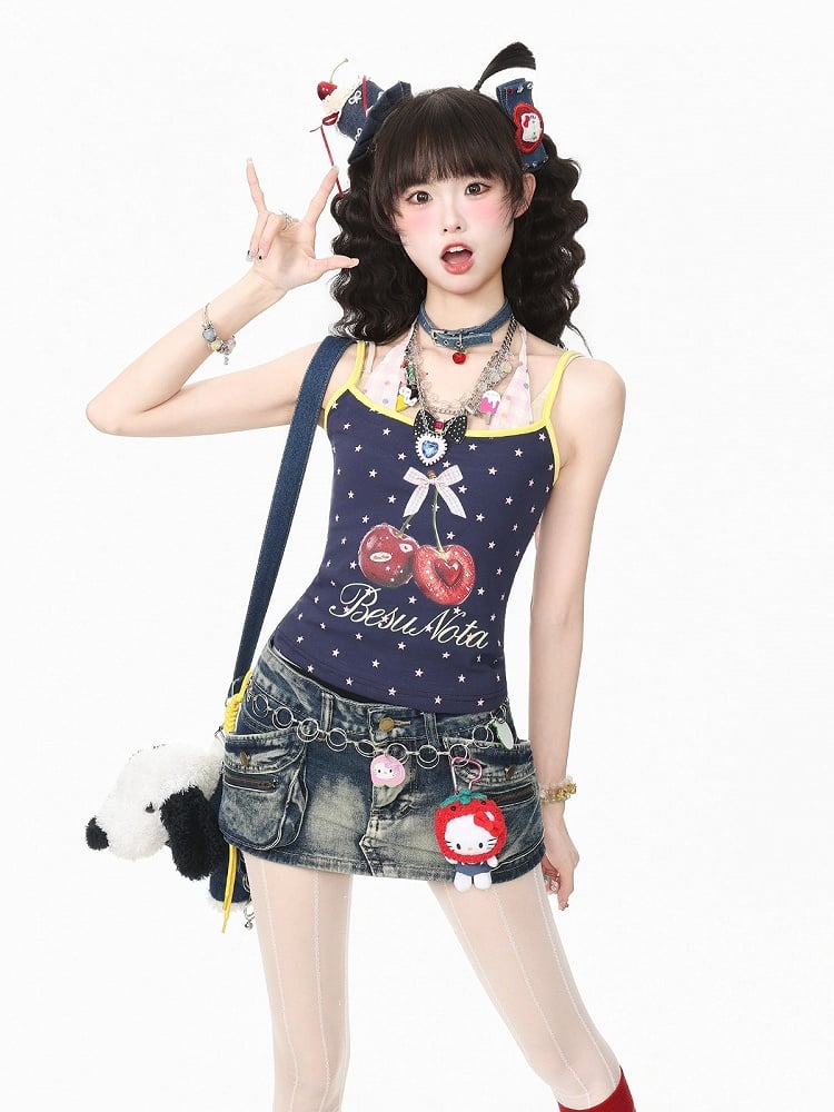 Sweet Cool Kawaii Navy Fake Two-Piece Halter Camisole Top with Star and Cherry Prints - Languid Park