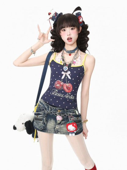 Sweet Cool Kawaii Navy Fake Two-Piece Halter Camisole Top with Star and Cherry Prints - Languid Park