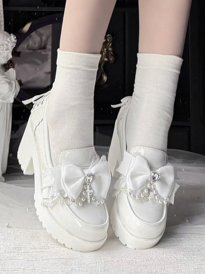 White Kawaii Shoes with Bow, Lace & Heart Crystal Detail - Sarina
