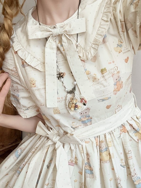 Sweet Print Beige Version Sleeves Bear Short Lolita Dress
