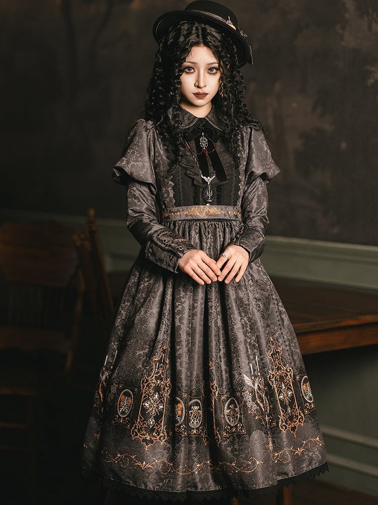 Lolita with Bat Juliette Wings Candelabras Sleeves Print Gray Dress Gothic