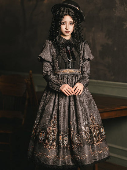 Lolita with Bat Juliette Wings Candelabras Sleeves Print Gray Dress Gothic