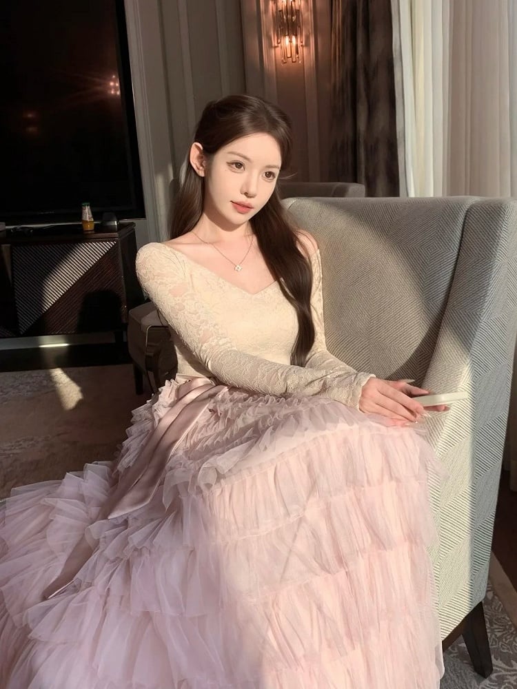 Tiered (Fleece-Lined) Lace Vintage Cake Off-Shoulder French Dress