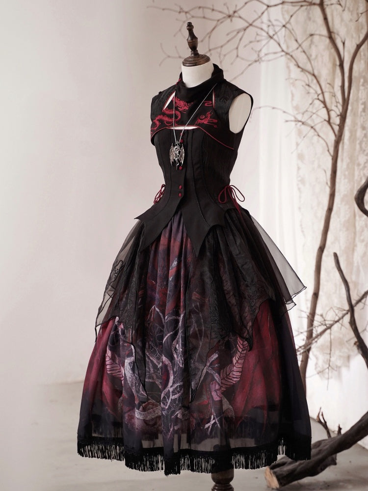 Black Gothic Dragon Embroidery Sleeveless Top Cutout Detail