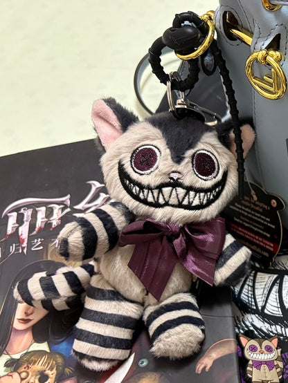 with Cheshire Keychain Decorative Cat - Bow Plush Striped Brown Gray