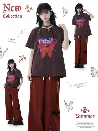 Buckle T-Shirt Red and Gray Round Neck Metal Butterfly Print Stud Details