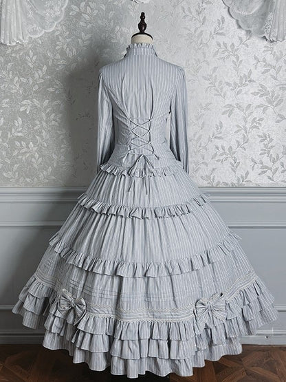 Gray Layered with Ruffle Skirt Classic Blue Lolita Elegant Striped Embellishments Bow