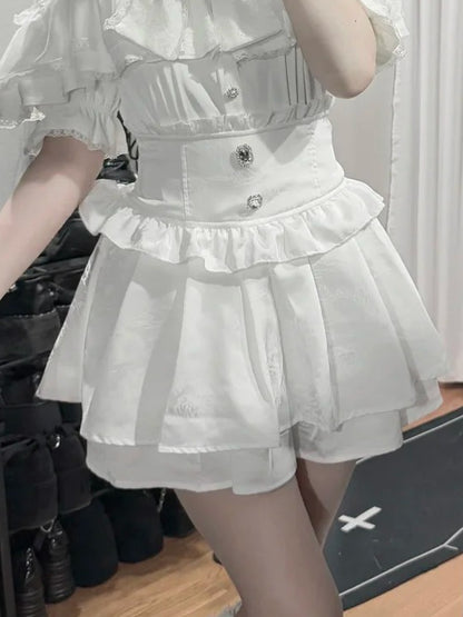 Jirai Tiered Jacquard With White Details Skirt Square Rhinestone Kei High-waist
