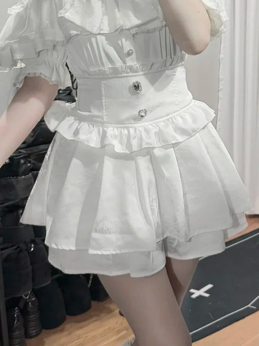 Jirai Tiered Jacquard With White Details Skirt Square Rhinestone Kei High-waist