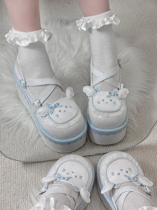 Yume Kawaii Blue & White Round Toe Kitty  Angel Heart Buckle Platform Lolita Shoes