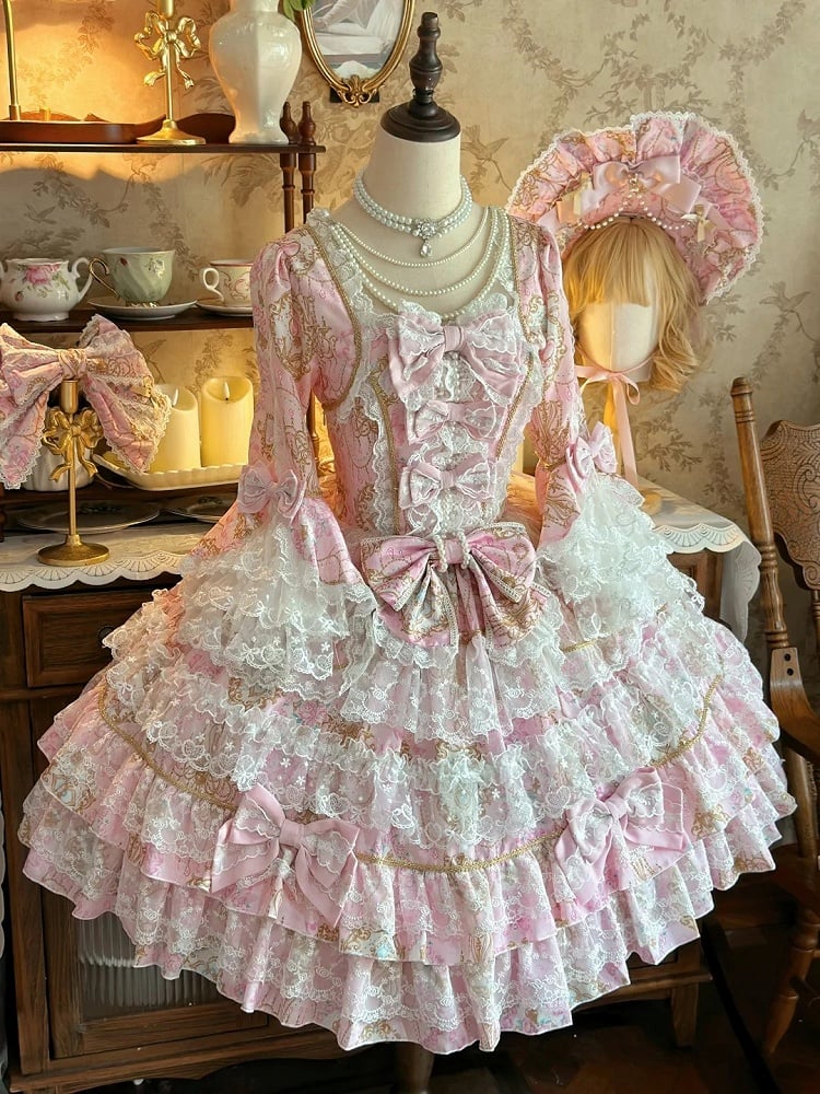 with Accents Floral Sleeves Print Lolita Dress Bow Lace Bell and Trim Pink OP