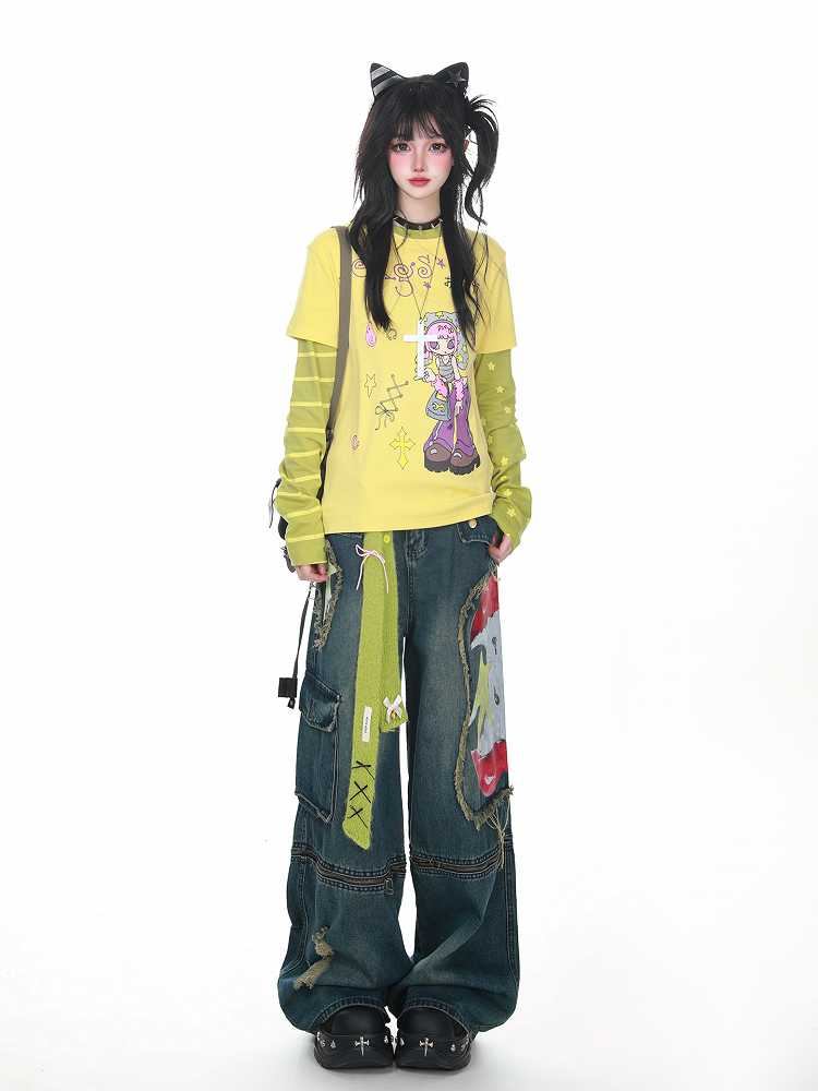 Two-Piece Print with Faux Cartoon Girl Striped Top BlackGray/YellowGreen Sleeves