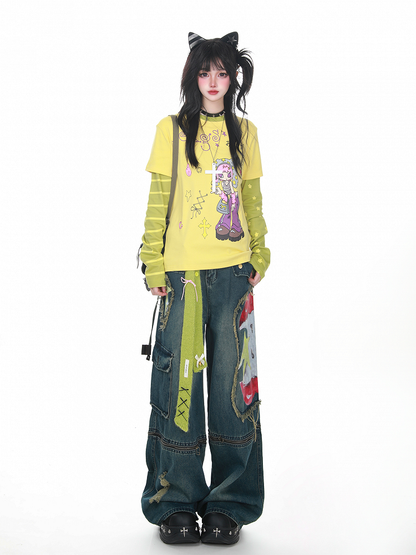 Two-Piece Print with Faux Cartoon Girl Striped Top BlackGray/YellowGreen Sleeves