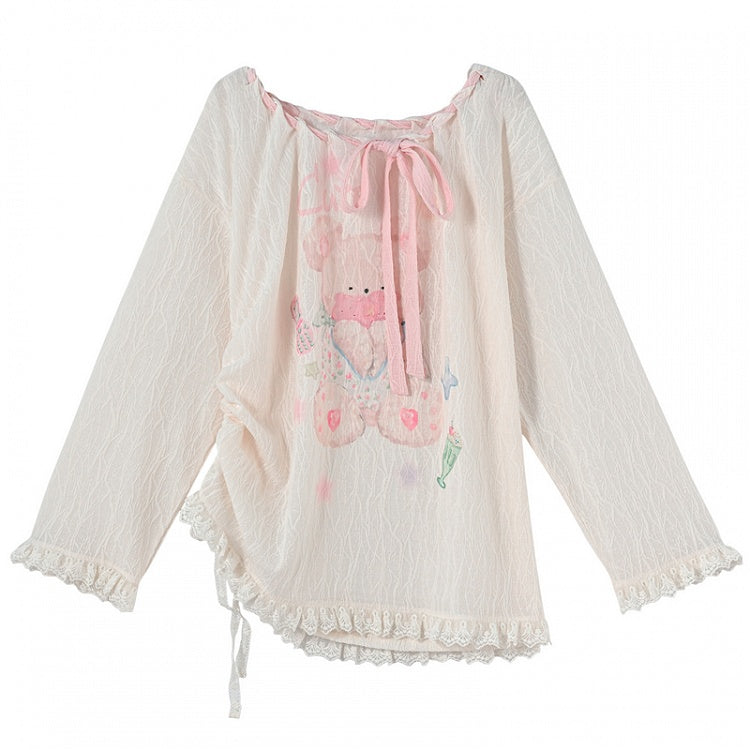 Pink/White Asymmetrical Neckline Drawstring Waist Teddy Bear Top