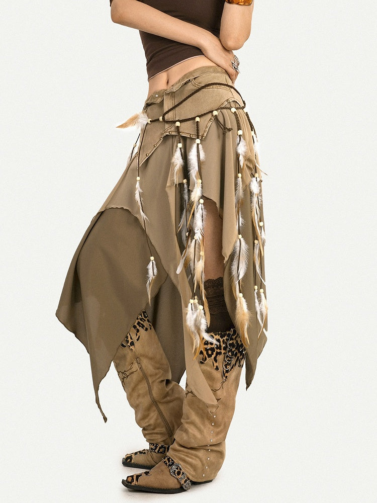 Vintage Brown Beaded Feather Waist Chain