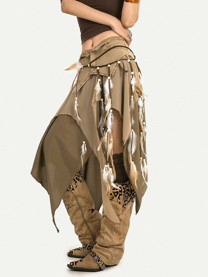 Vintage Brown Beaded Feather Waist Chain