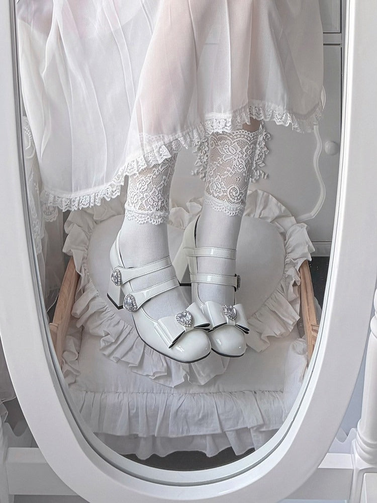 Elegant White Crystal Embellished Square Toe Mary Jane Shoes with Heart Buckle Straps - Transfer Student