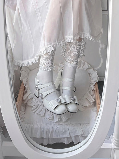 Elegant White Crystal Embellished Square Toe Mary Jane Shoes with Heart Buckle Straps - Transfer Student