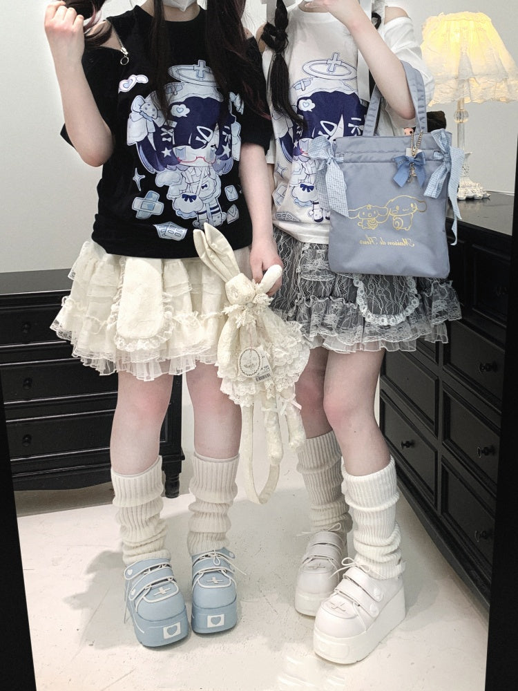 Jirai Kei Lace Double-Layered Bunny Ears Design Black/White/Pink