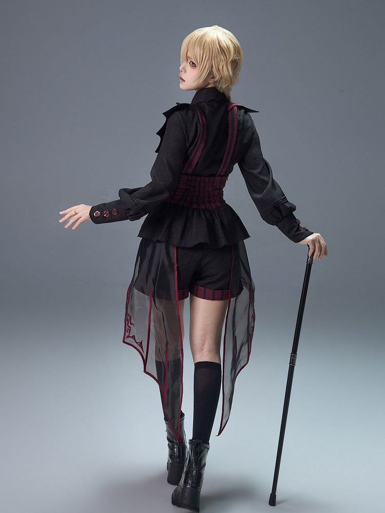Red & Black Jacquard Heart Striped Overall Shorts - Unknown Star