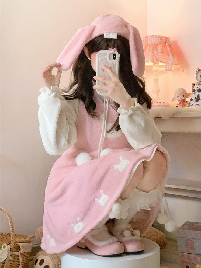 Pink Bunny Ears Hooded Plush Overalls Sweet Lolita Dress