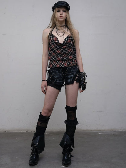 Punk Wasteland Neckholder Top Halsausschnitt Trim Muster SchwarzRot Glamourös Plaid Rüschen Kapuze